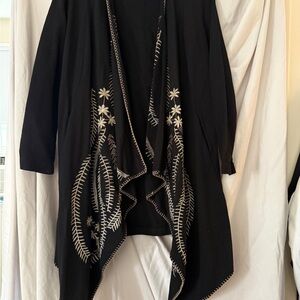 XCVI Black Cardigan with White Embroidery